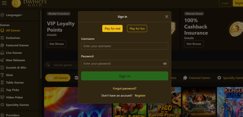 Da Vinci’s Gold Casino SignUp Page