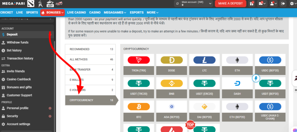 Megapari Casino Review Cryptocurrency Page