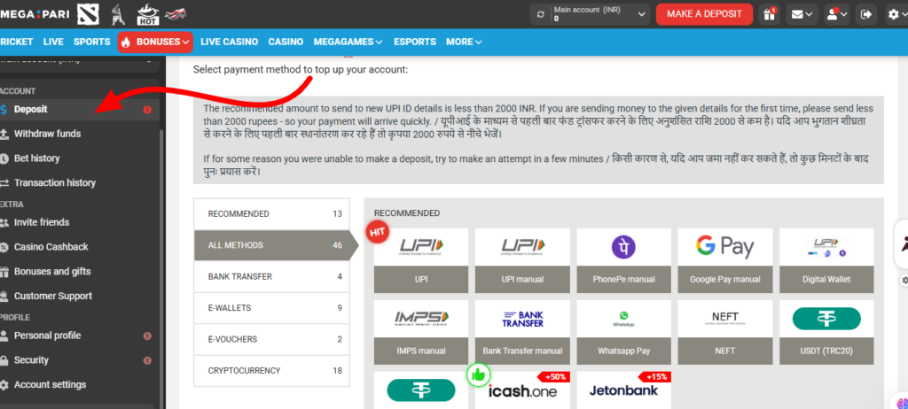 Megapari Casino Review Deposit page