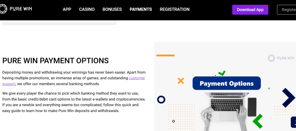 Pure Win Casino Review payment page