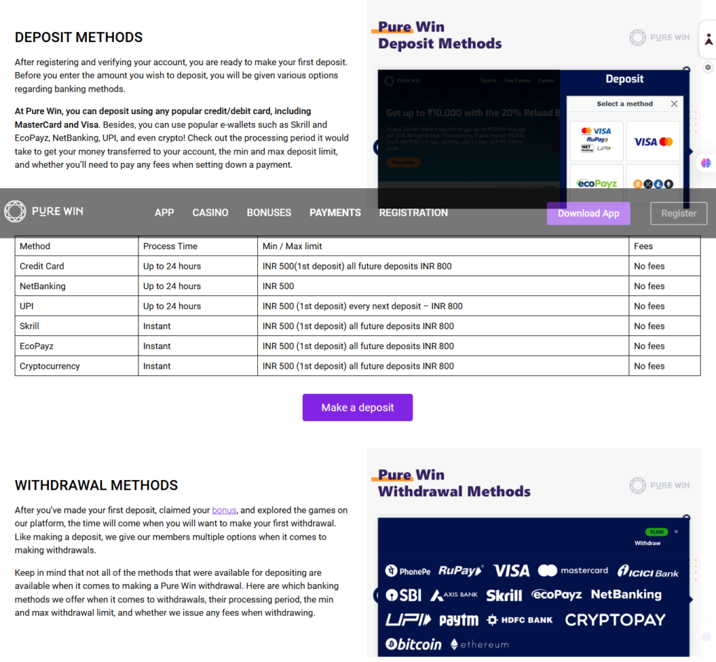 Pure Win Deposit page