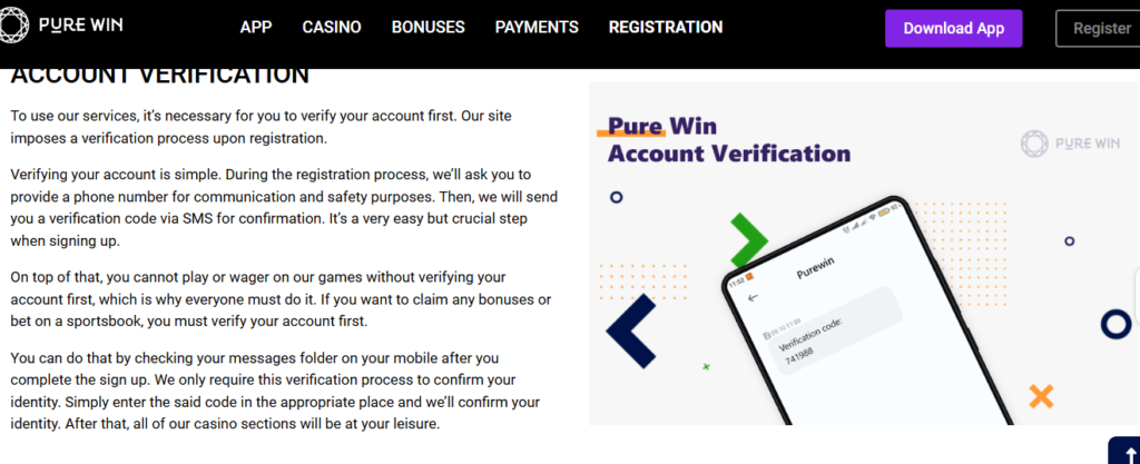 Pure Win Registration Verification apge