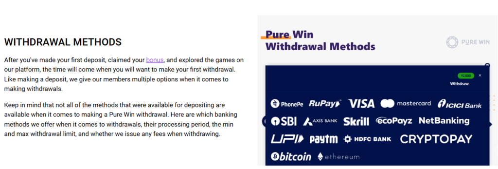 Pure win withdrawal method page