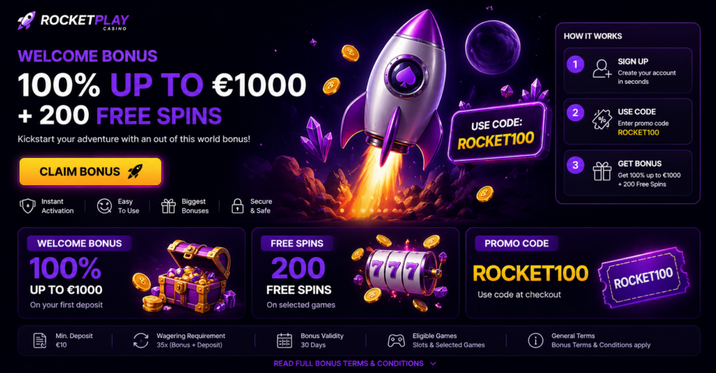 RocketPlay Casino Welcome Bonous Page