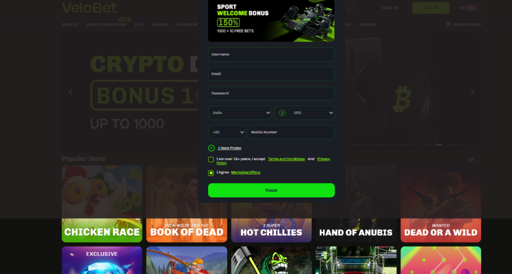 Velobet Casino Registraion Page