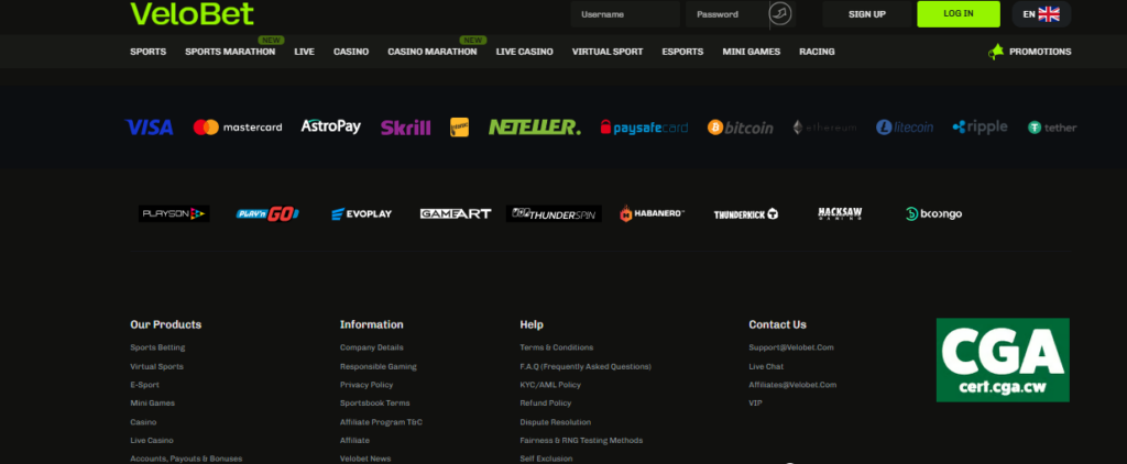 Velobet Casino Review Payment Method Page