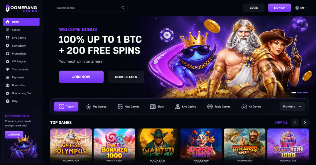 Boomerang Casino review-Home Page