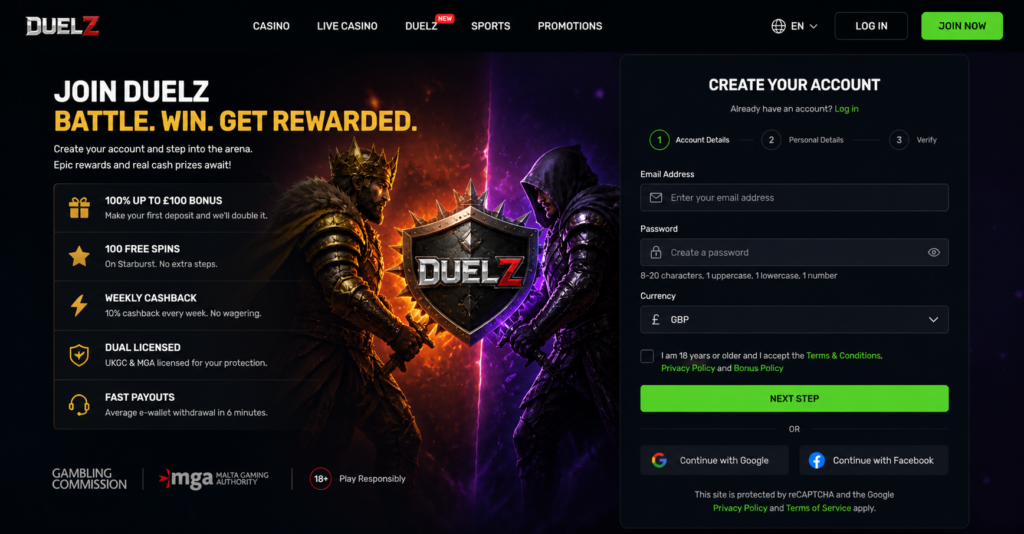Duelz Casino Review- SignUp Page