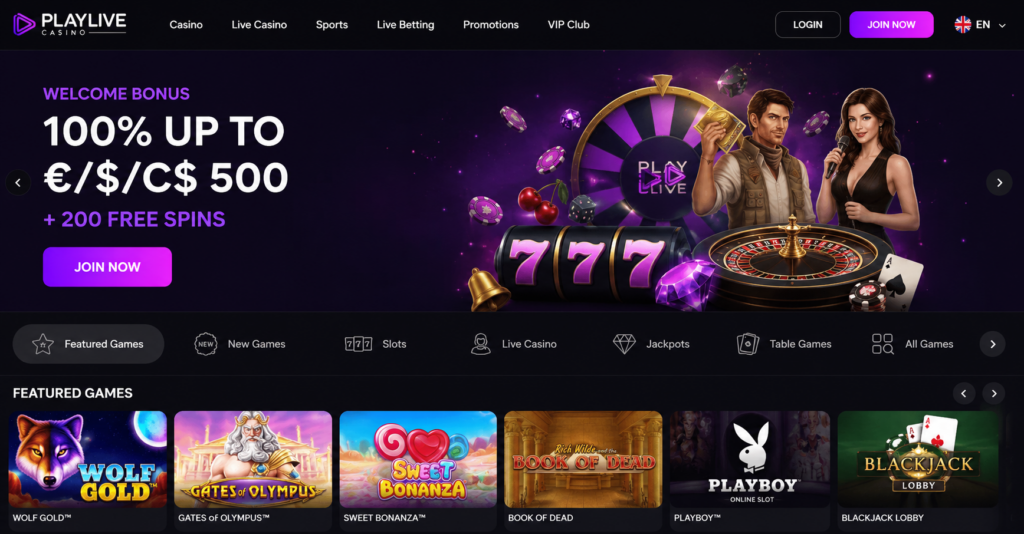 PlayLive Casino Review-Home Page