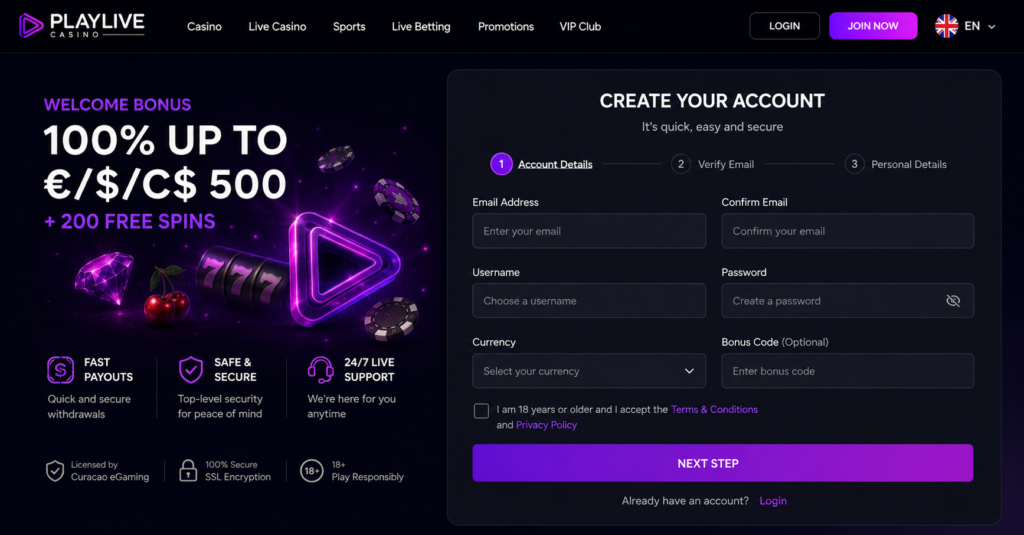PlayLive Casino SignUp page